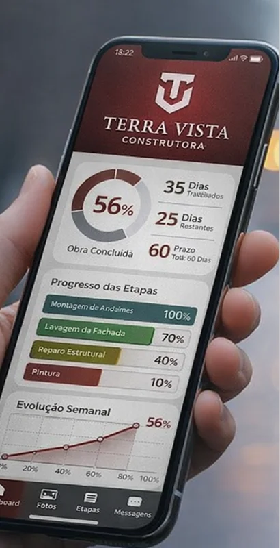 Aplicativo da Terra Vista Construtora aberto no celular, mostrando o progresso da obra em 56%, o avanço de cada etapa e a evolução semanal.