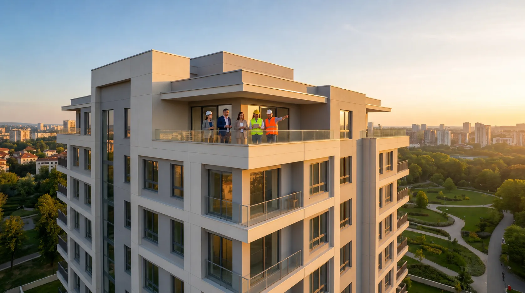Equipe técnica em vistoria na fachada de um edifício residencial